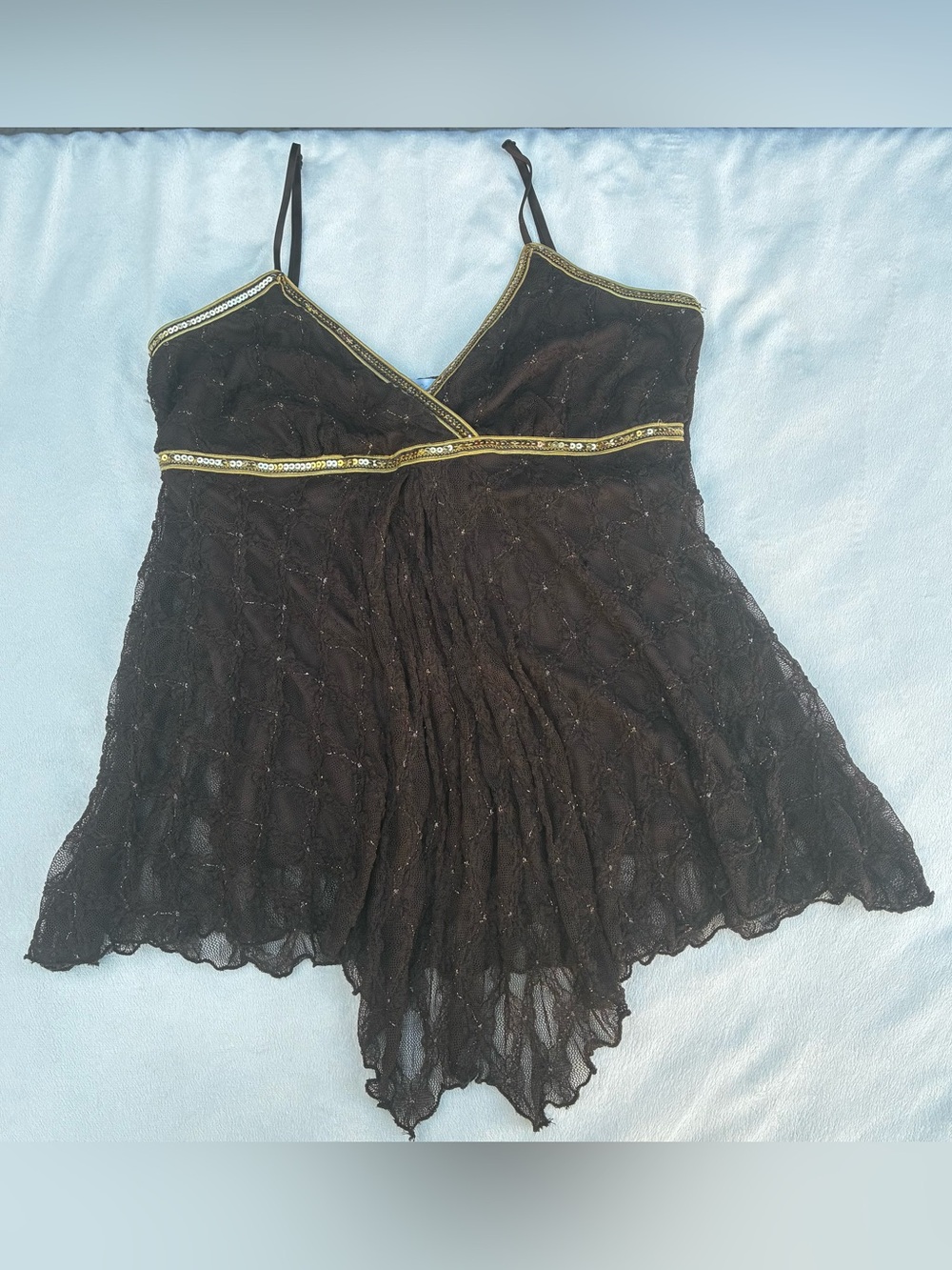 Vtg Charlotte Russe Y2K Whimsigoth Brown Sequin Mesh Handkerchief Top Fairy L